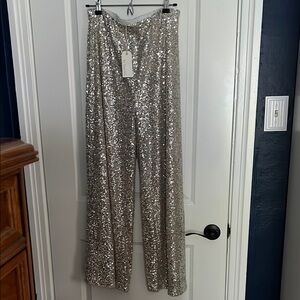 NWT Sequin Wide-Leg Pants - Silver